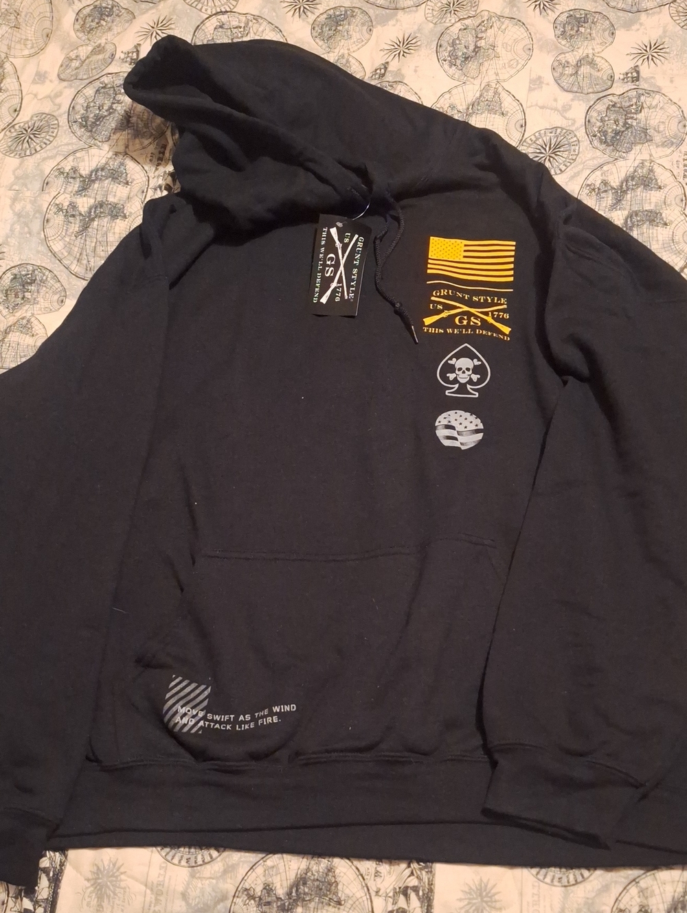Grunt Style Black Hoodie with Yellow Flag and White Accents 3x / Xxxl Mens